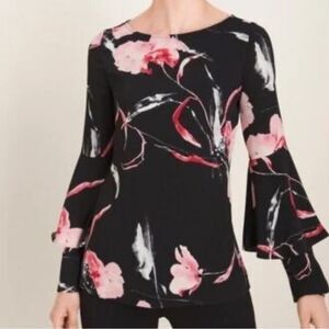 Chico's Black and Pink Floral Long Tiered-Sleeve Satin Top Size 2 (Large)